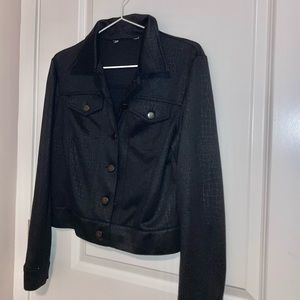 Black Button-Up Blouse Jacket with Faux Leather Pattern